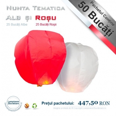 Pachet Nunta Tematica Alb si Rosu - 50 Lampioane Zburatoare